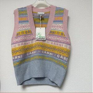 NWOT GANNI Graphic Multicolor V-Neck Sweater Wool Knit Sleeveless Vest